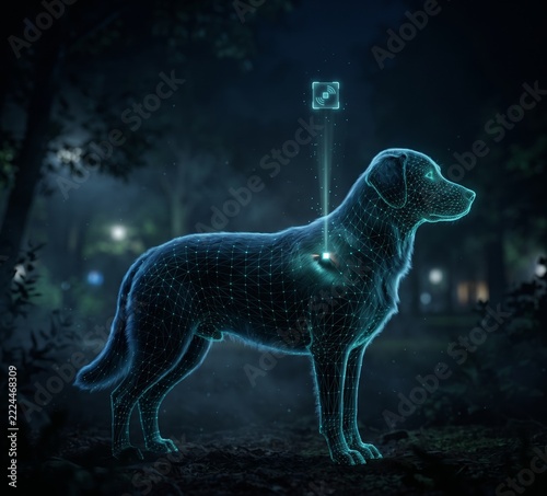 Futuristic dog tracking concept with a glowing digital mesh and connected sensor, illustrating gps monitoring, pet safety, location tracking, smart technology, and wildlife surveillance.