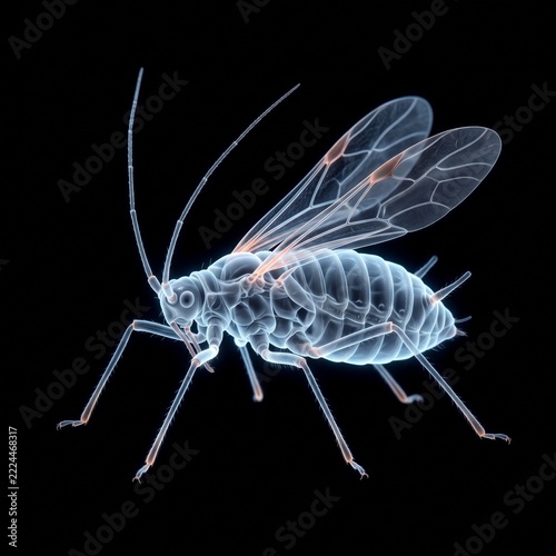 Detailed translucent X-ray style rendering of a winged insect, showcasing its delicate anatomy and internal structure on a dark background.
