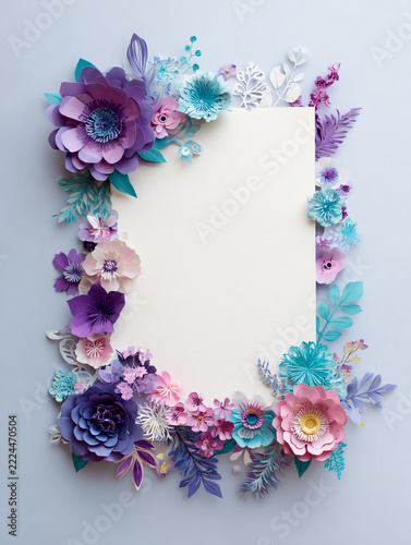 A paper-cut style floral frame featuring vibrant purple, pink, and turquoise flowers with green leaves around a blank white central space for text, ideal for greeting cards and poster design.