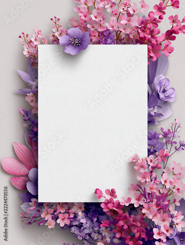 A paper-cut style floral frame featuring vibrant purple, pink, and turquoise flowers with green leaves around a blank white central space for text, ideal for greeting cards and poster design.