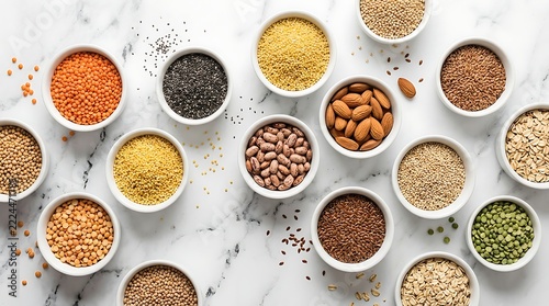 Variety of healthy grains, seeds, nuts, and legumes in white bowls arranged neatly on a marble kitchen countertop