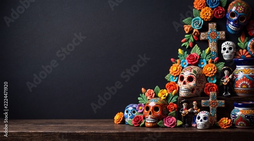 Día de Muertos celebration background featuring a traditional altar setup with decorated sugar skulls, crosses, mariajachi figures, and flowers on a wooden table with copy space