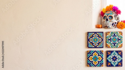 Día de Muertos celebration background featuring a decorated sugar skull, marigold flowers, and traditional Mexican ceramic tiles on a light neutral wall with ample copy space