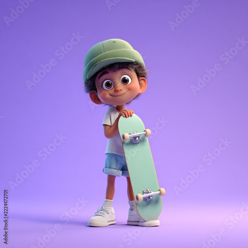 A full-body 3D digital illustration of a cute young boy with brown hair wearing a green cap and shirt, smiling while holding a skateboard.
