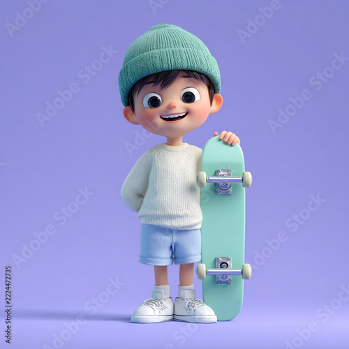 A full-body 3D digital illustration of a cute young boy with brown hair wearing a green cap and shirt, smiling while holding a skateboard.
