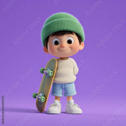 A full-body 3D digital illustration of a cute young boy with brown hair wearing a green cap and shirt, smiling while holding a skateboard.
