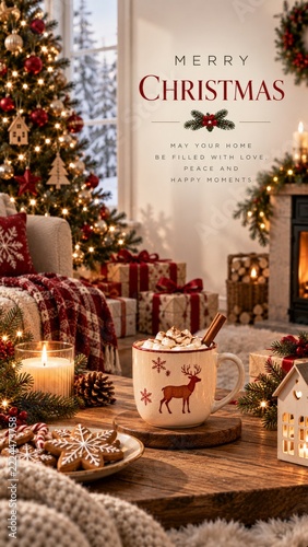 Christmas Poster with Christmas tree cocoa and blankets in a Vertical Greetin...