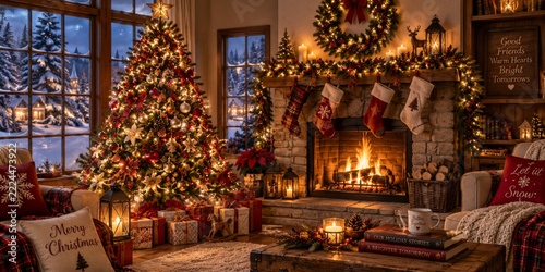 A Christmas living room has a glowing fireplace garlands stockings gifts and ...