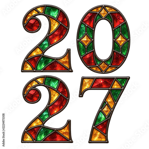 Stained glass numerals forming the year 2027, colorful mosaic pattern with red green and yellow textures, isolated on a transparent background. Celebration, new year, seasonal decoration