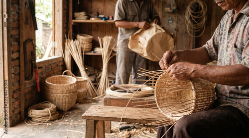 Elderly artisan weaving traditional bamboo basket in rustic workshop