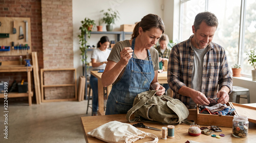 Couple repairing backpack together in craft workshop