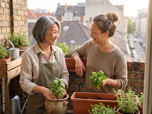 Two senior women growing herbs together on a city balcony