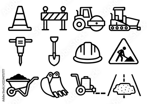 Road Construction and Asphalt Equipment Line Icon Set