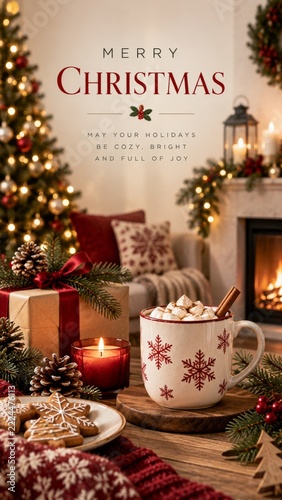 Christmas Poster with mugs cookies and decorated tree in a Vertical Greeting ...