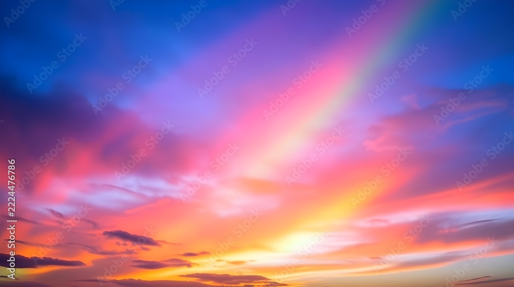 Fototapeta premium Vibrant Sunset Sky with Glowing Rainbow Arc and Dramatic Colorful Clouds at Golden Hour Twilight