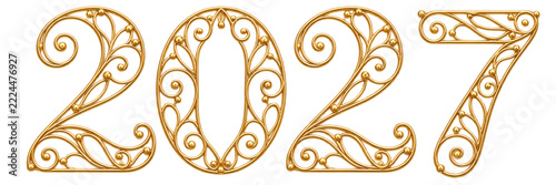 Golden ornamental numbers 2027 with intricate filigree swirl design, luxury metallic typography, isolated on transparent background. Celebration, anniversary, new year, invitation design.