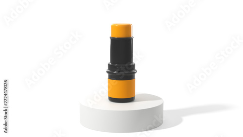 Blank black and orange cosmetic stick tube on white podium pedestal