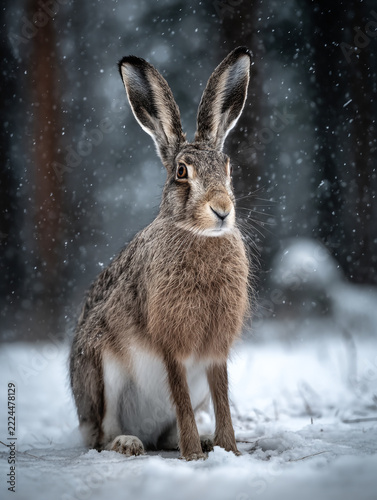 A close-up photograph of an adorable wild bunny rabbit sitting in a deep snowy forest, looking up with raised ears as soft snowflakes fall against a serene, misty winter backdrop.