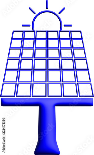 Solar panel icon, blue 3D glossy photovoltaic panel with sun, renewable solar energy and green power concept