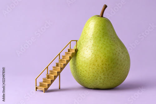 Golden Staircase Beside Giant Green Pear on Purple Background
