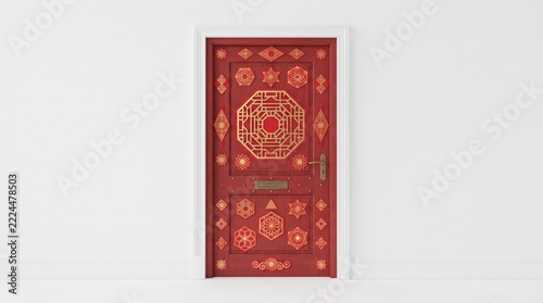 Traditional Red Door Adorned with Intricate Gold Geometric Patterns and Ornate Embellishments
