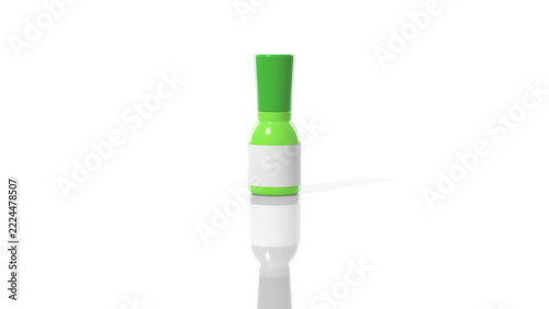 Blank green plastic bottle with tall cap with reflection on glossy white surface