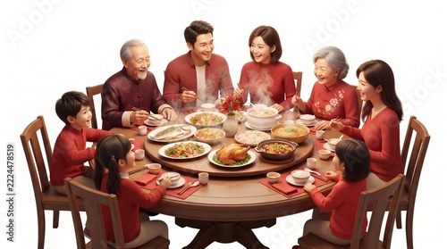 Multi-generational Asian family enjoys a festive reunion dinner with traditional dishes and red attire