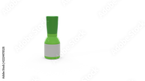 Blank green plastic bottle with tall cap in hard sunlight with long shadow on white