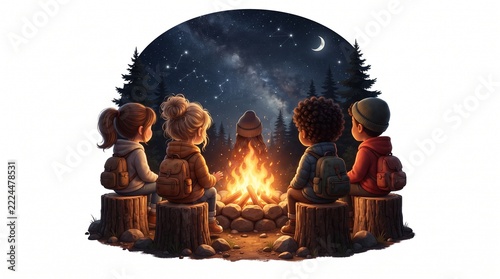 Children Gather Around a Campfire Under a Starry Night Sky with Constellations and Moon