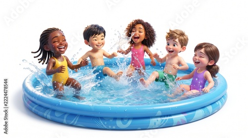 Diverse group of happy children splashing and playing joyfully in a blue inflatable kiddie pool on a bright sunny day