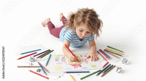 Young girl lying on floor drawing a house with crayons surrounded by art supplies