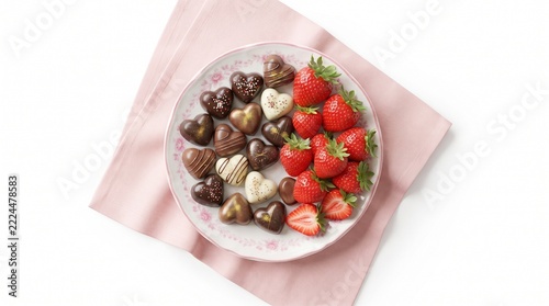 Assortment of Heart Shaped Chocolates and Fresh Strawberries on a Decorative Plate with Pink Napkin