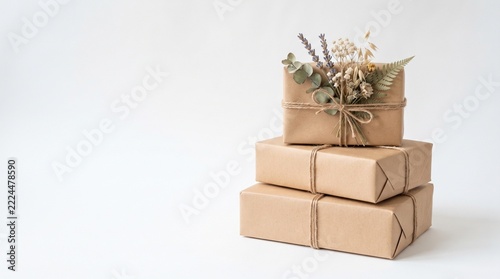 Stack of three rustic brown paper wrapped gifts tied with twine and decorated with dried flowers and eucalyptus