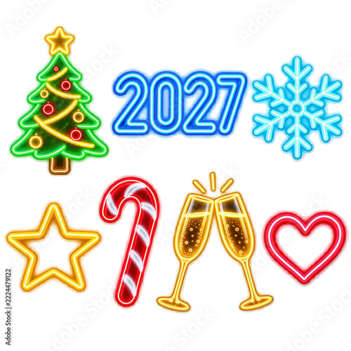 Neon light set featuring Christmas tree, snowflake, star, candy cane, champagne glasses, and heart shapes, isolated on transparent background. Celebration, holiday, New Year.