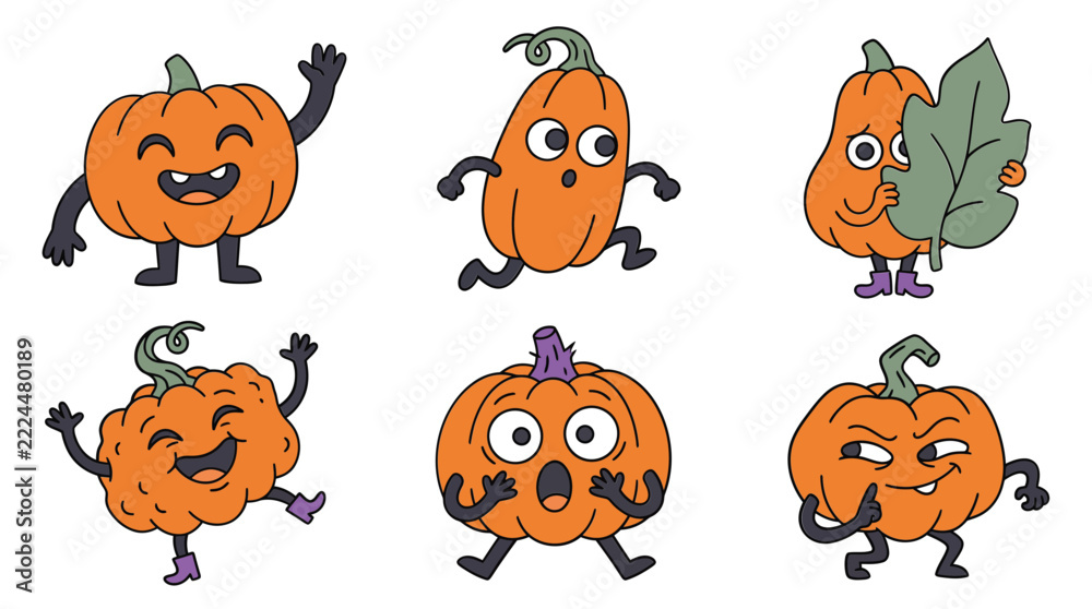 Fototapeta premium Cute animated pumpkin characters orange Halloween clipart