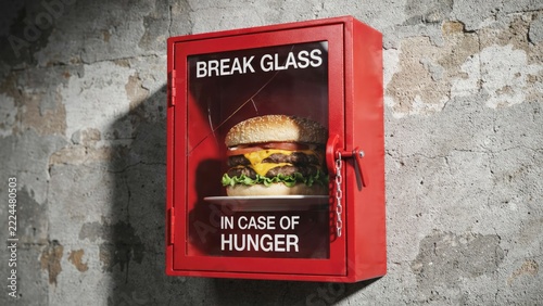 Red emergency box mounted on concrete wall containing a double cheeseburger with the text break glass in case of hunger