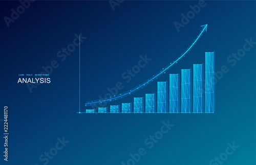 futuristic cyan wireframe growth chart with rising arrow and digital business analytics on blue gradient background, business presentations, financial reports, investment and marketing analysis,
