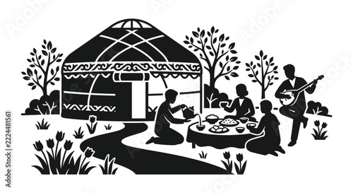 Nomadic Family Gathering Around a Yurt Enjoying a Meal and Music.