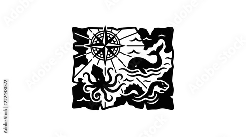 Nautical map with compass whale octopus and sea serpent.