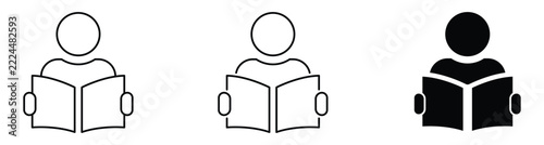 Reading Person Icon Set – Book Reading, Education, Learning and Knowledge Symbols