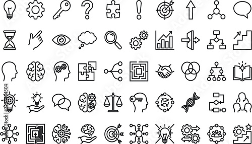 Brainstorming and problem solving line icons mega pack representing psychology strategy creativity logic thinking skills concept