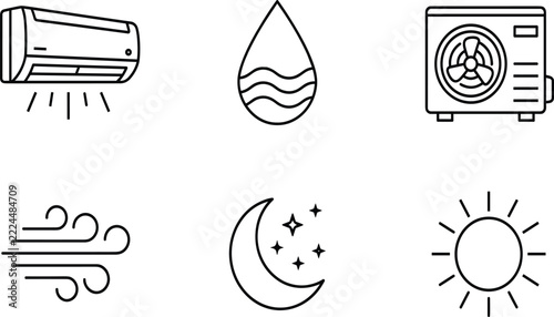 Air conditioning system line icons set showing split unit outdoor compressor climate control modes wind humidity heating