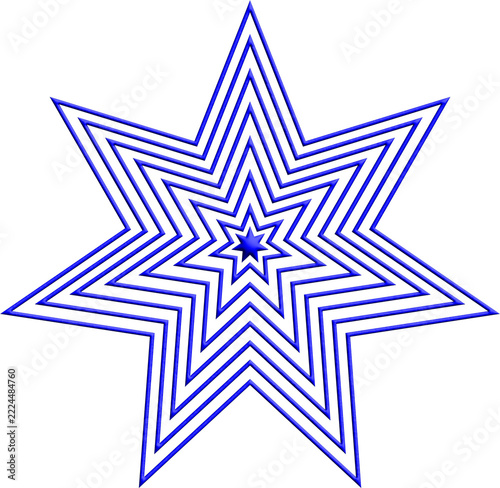 Star icon, blue neon concentric starburst outline, geometric radial ornament for graphic design