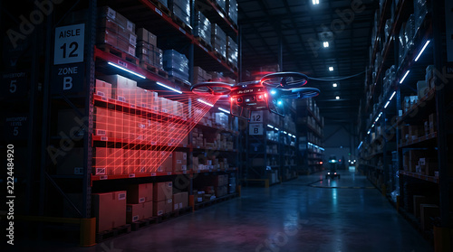 AI drone scanning warehouse shelves, futuristic technology concept, copy space, alternate view