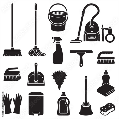 Cleaning Tools and Housekeeping Supplies Icon Set Vector Illustration