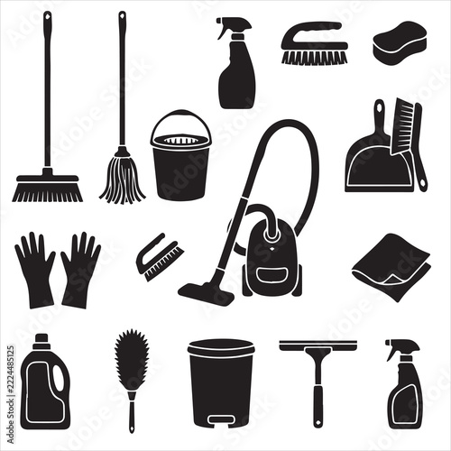 Cleaning Tools and Housekeeping Supplies Icon Set Vector Illustration - Black Flat Silhouette Service Icons Collection Isolated on White Background