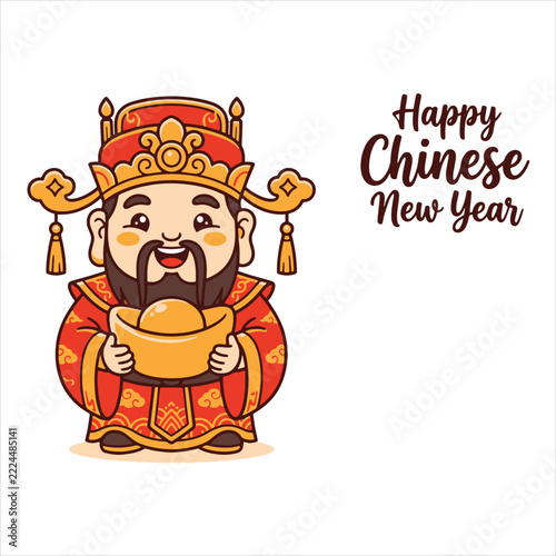 Happy Chinese New Year Cute God of Wealth Caishen Vector Illustration - Mascot Character Holding Gold Ingot Isolated on White Background