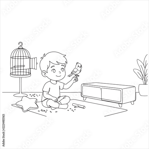 Cute Boy Playing with Pet Bird Coloring Page - Cozy Room Interior Line Art Vector Printable Sheet for Kids