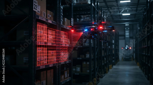 AI warehouse drone scanning glowing inventory shelves with a red laser grid in a dark logistics warehouse