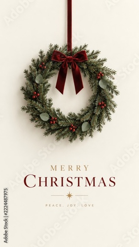 Christmas Poster with evergreen wreath with burgundy bow in a Vertical Greeting Design